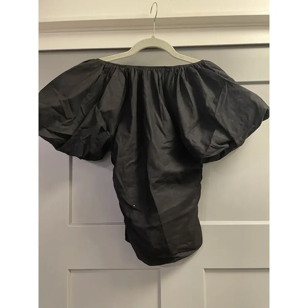 Reformation Sonny Organic Cotton Poplin Stretch Ruched Puff Short Sleeve Black 2